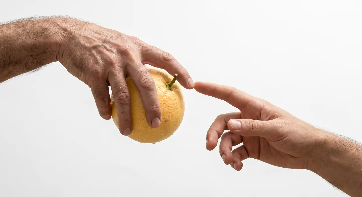 Dos manos que se acercan — una sostiene un pomelo